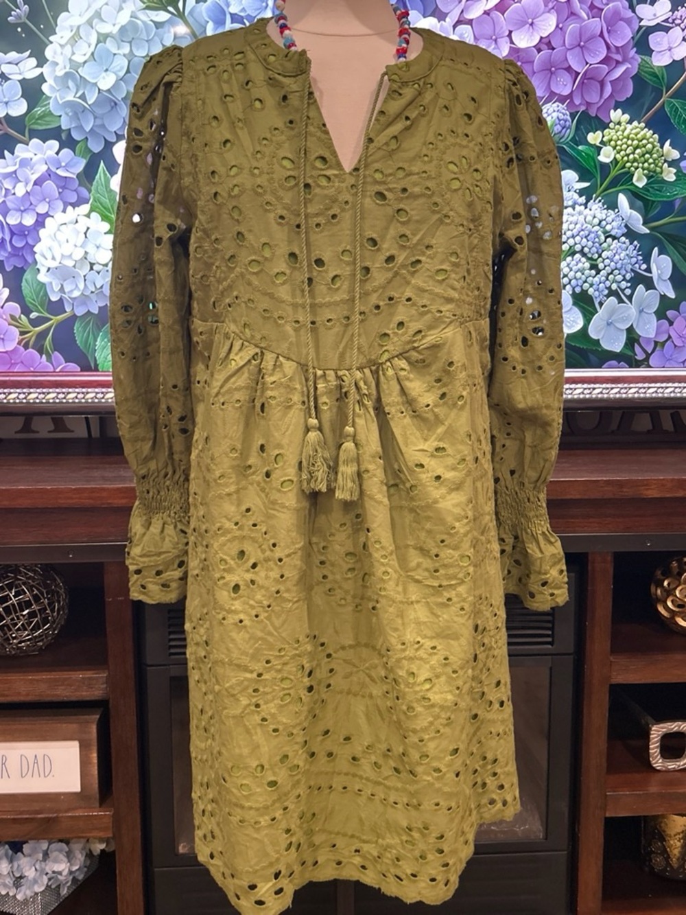 Olive Eyelet Long-Sleeve Tassel Tie Dress